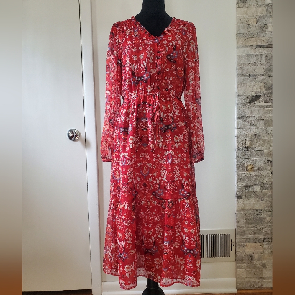 LOFT Red Floral Clip V-Neck Midi Dress Size S